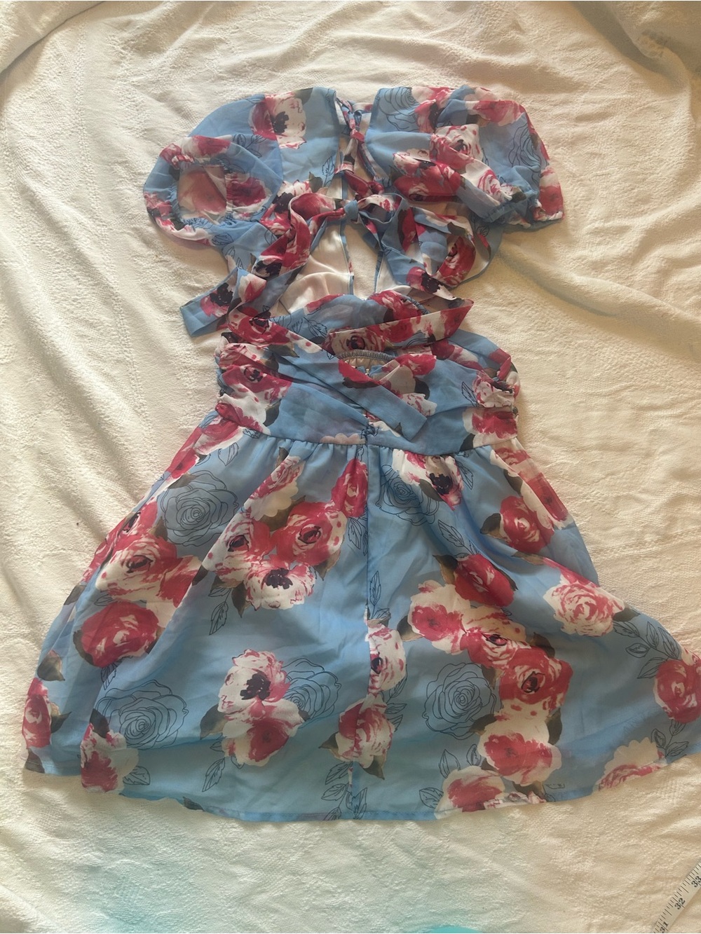 NWOT Floral Print Lace Up Cut Out Backless Chiffon Dress - Blue/Pink, size S - Picture 8 of 13